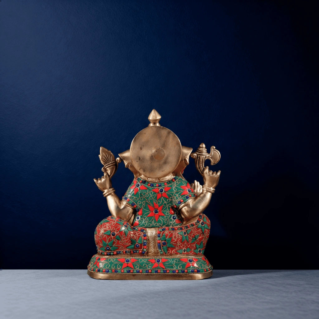 Brass Ganesha idol with multicolor stonework back view