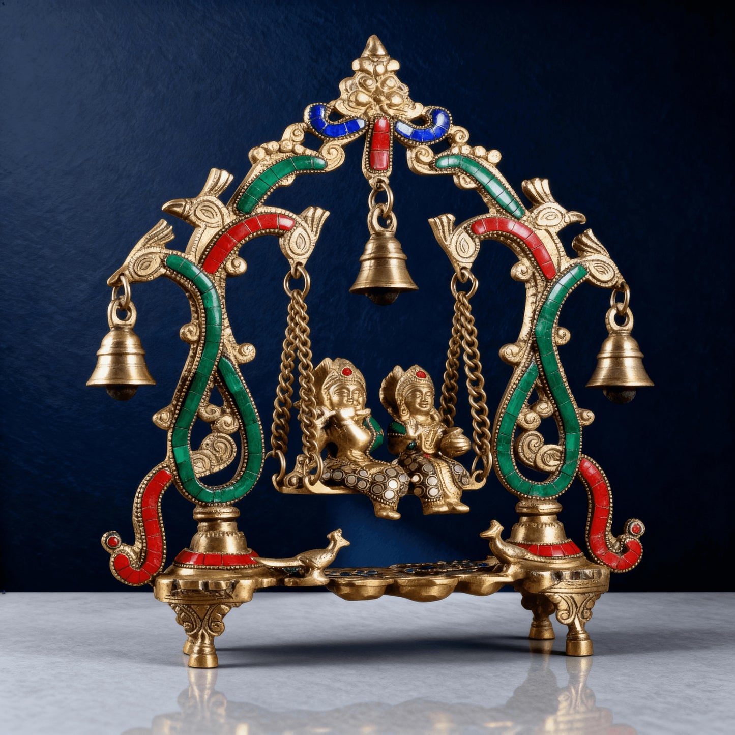 Multicolour meenakari brass Radha Krishna jhula idol on swing – front angle
