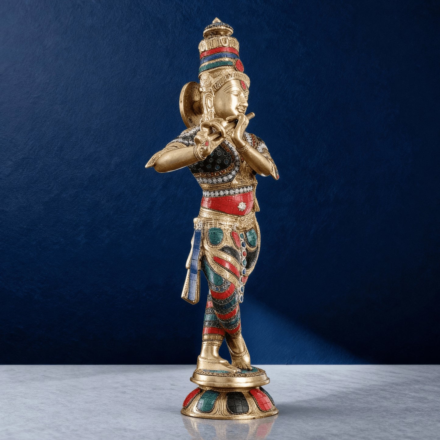 Brass hand-painted Krishna idol playing flute with intricate enamel work