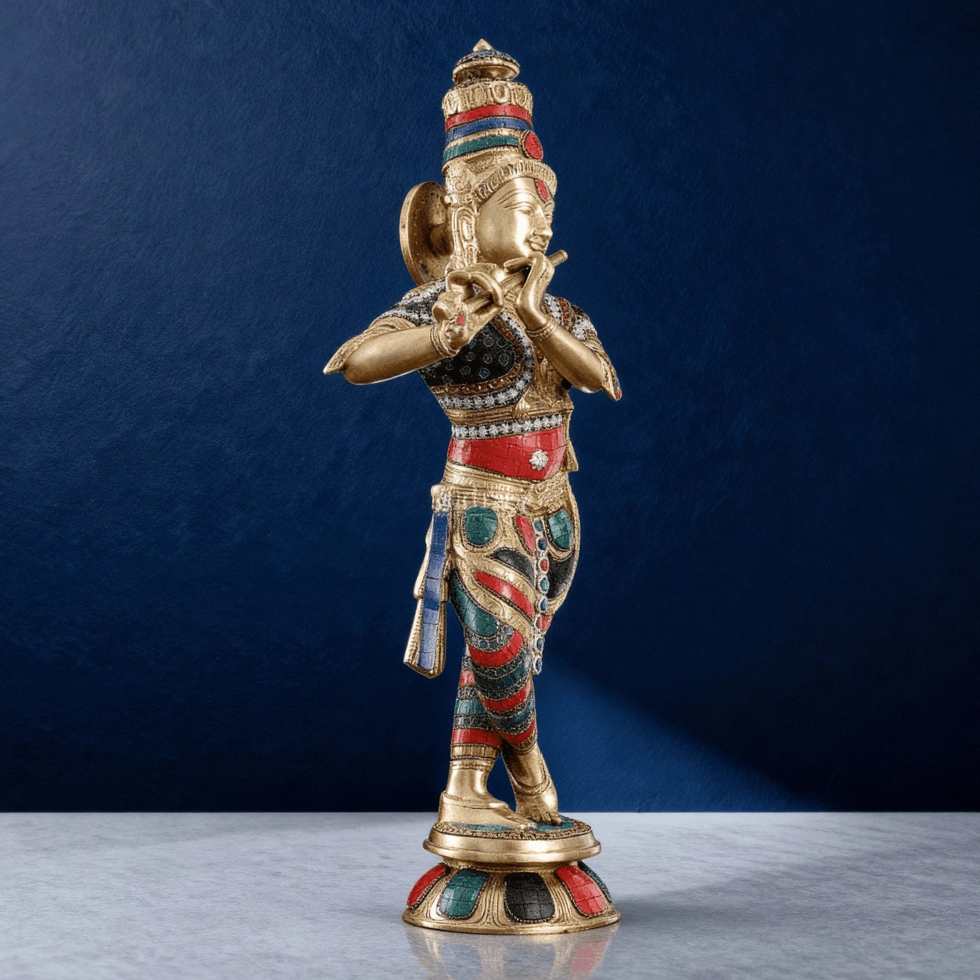 Brass hand-painted Krishna idol playing flute with intricate enamel work
