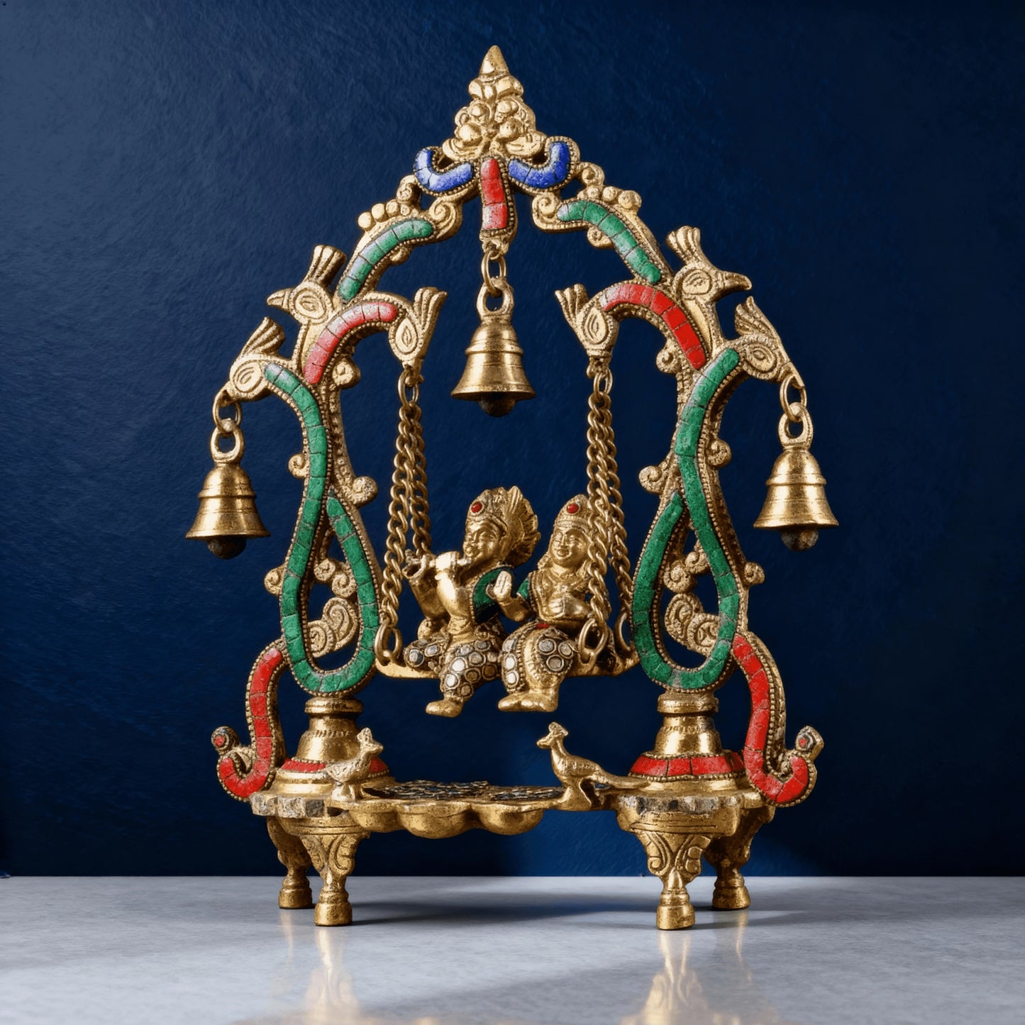Handcrafted brass Radha Krishna swing statue with meenakari detailing – wide frame