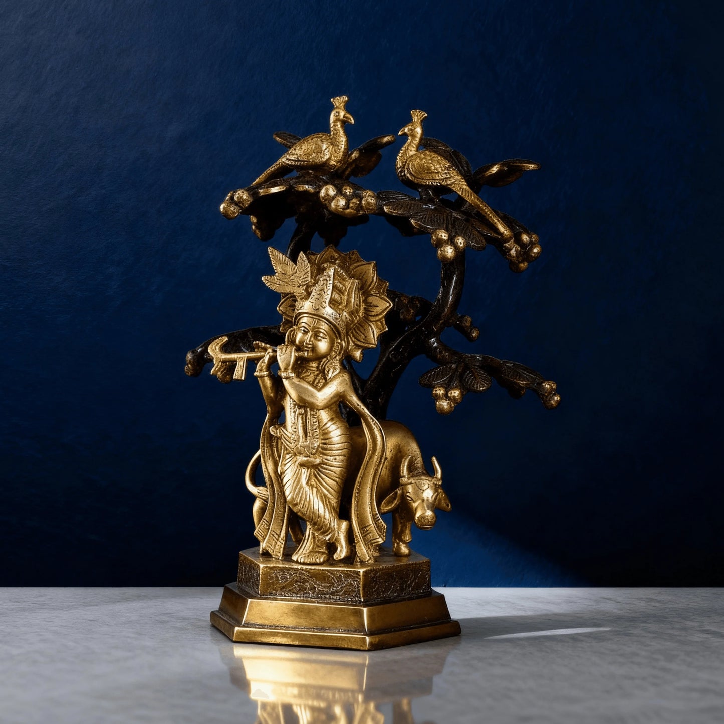 Handcrafted brass Lord Krishna idol with flute and cow under peepal tree – Indian home decor sculpture