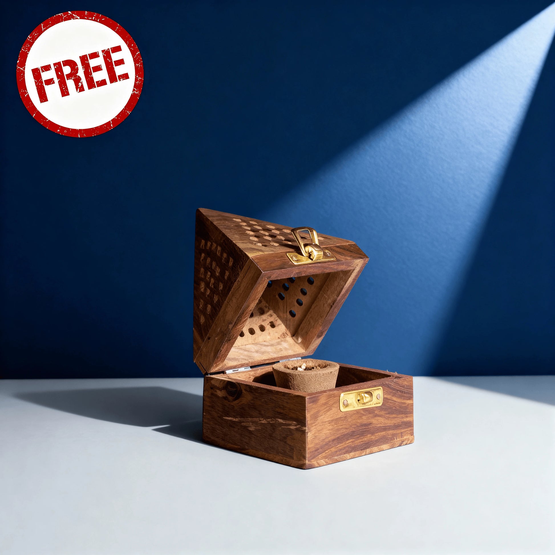 Sheesham wood Sambrani dhoop stand with brass latch, included free with brass Krishna idol, perfect for pooja or incense rituals.